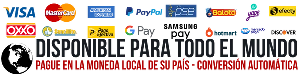 Medios de pago disponibles — Visa, Mastercard, American Express, PayPal, PSE, Boleto, Yape, Efecty, OXXO, Sencillito, Pago Efectivo, Google Pay, Samsung Pay, Hotmart, Mercado Pago, Discover · Disponible para todo el mundo, pagá en la moneda local de tu país, conversión automática
